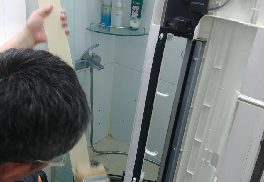 고압 세척으로 에어컨 내부 오염을 제거하는 모습